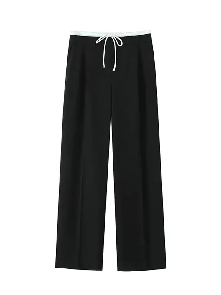 Women New Casual Splicing Design Wide Legged Pants Spring Korean Loose High Waist Versatile Double Waist Women's Versatile Pants