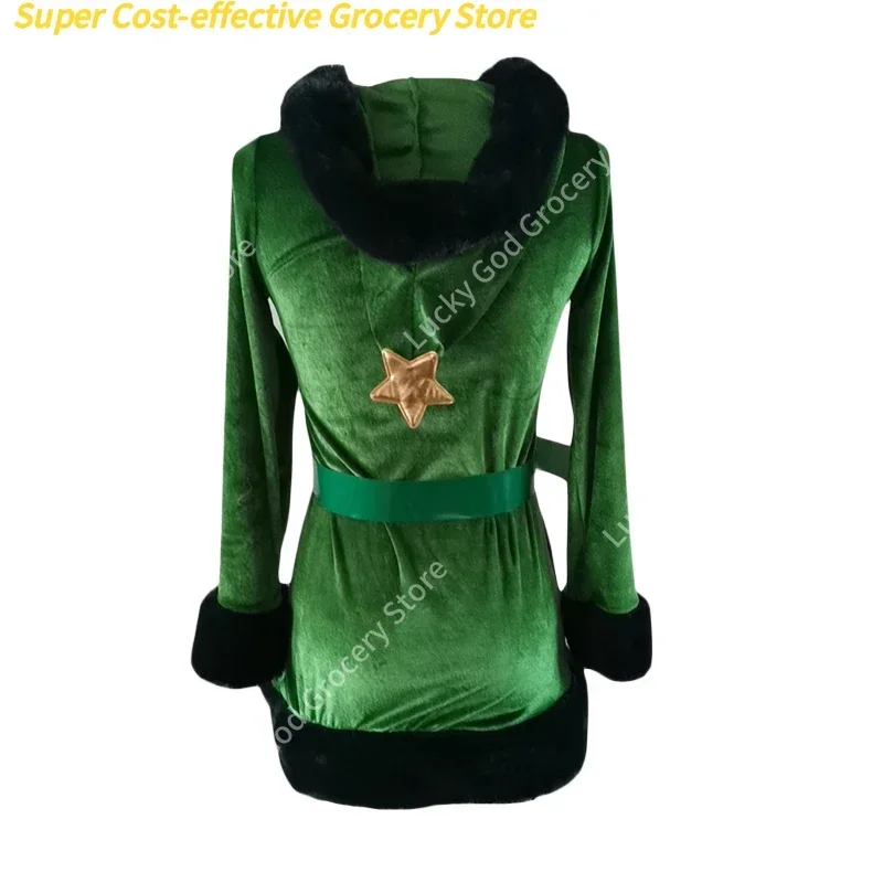 فستان نسائي لشجرة عيد الميلاد شتوي دافئ بقلنسوة مزين بالترتر مع حزام فساتين أزياء تنكرية