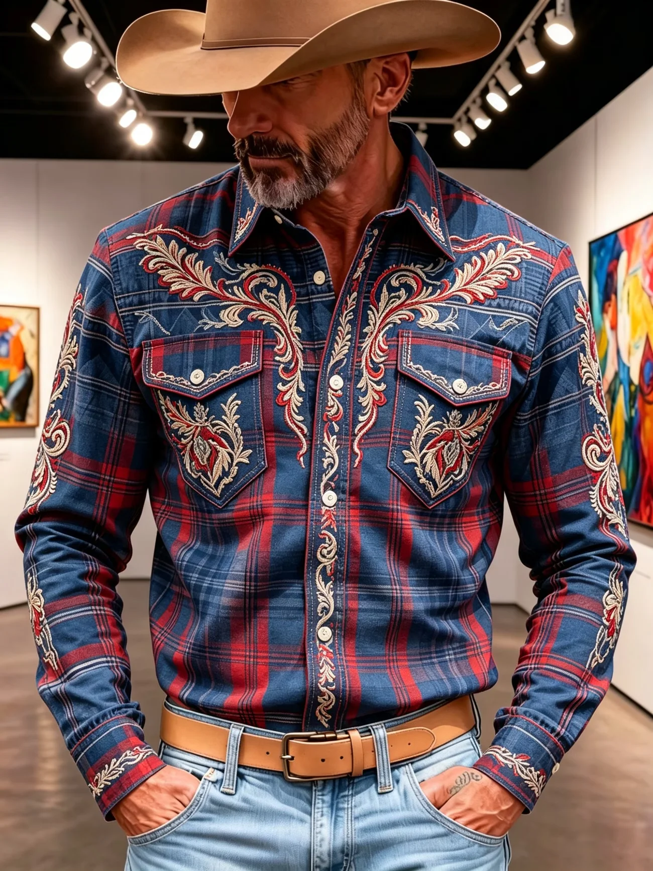 New earth brown tone geometric triangle square feather distressed texture men's lapel casual long sleeved shirt