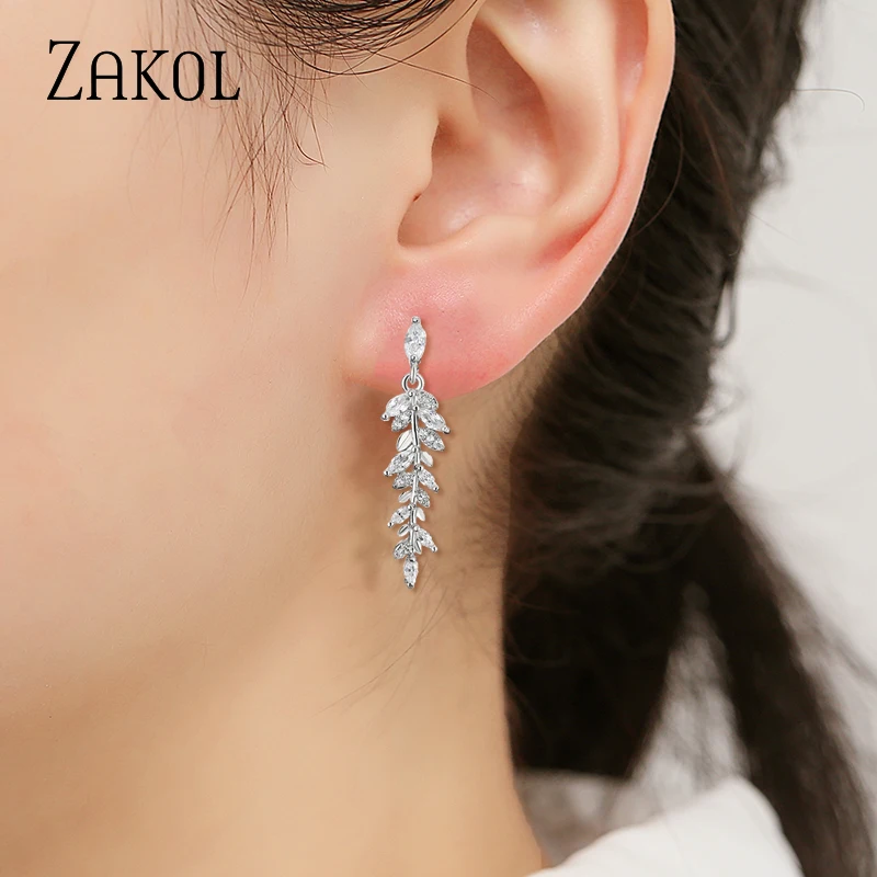 ZAKOL Charm Gold Color Leaf Earrings for Women Exquisite Tiny Zirconia Dangle Earring Elegant Korean Crystal Wedding  Jewelry