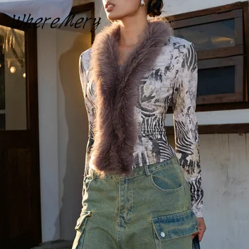 Image WhereMery Vintage Women's Street Fur Jacket Sexy Knit Print Long Sleeve V Neck Elegant Coats 2024 New Winter Street Slim Topcoat