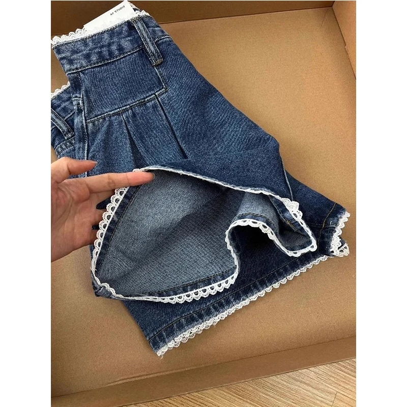 2025年夏の新トレンド、セクシーなレースパッチワークハイウエストワイドレッグパンツ、女性用オールマッチファッショナブルなボタンジッパージーンズ