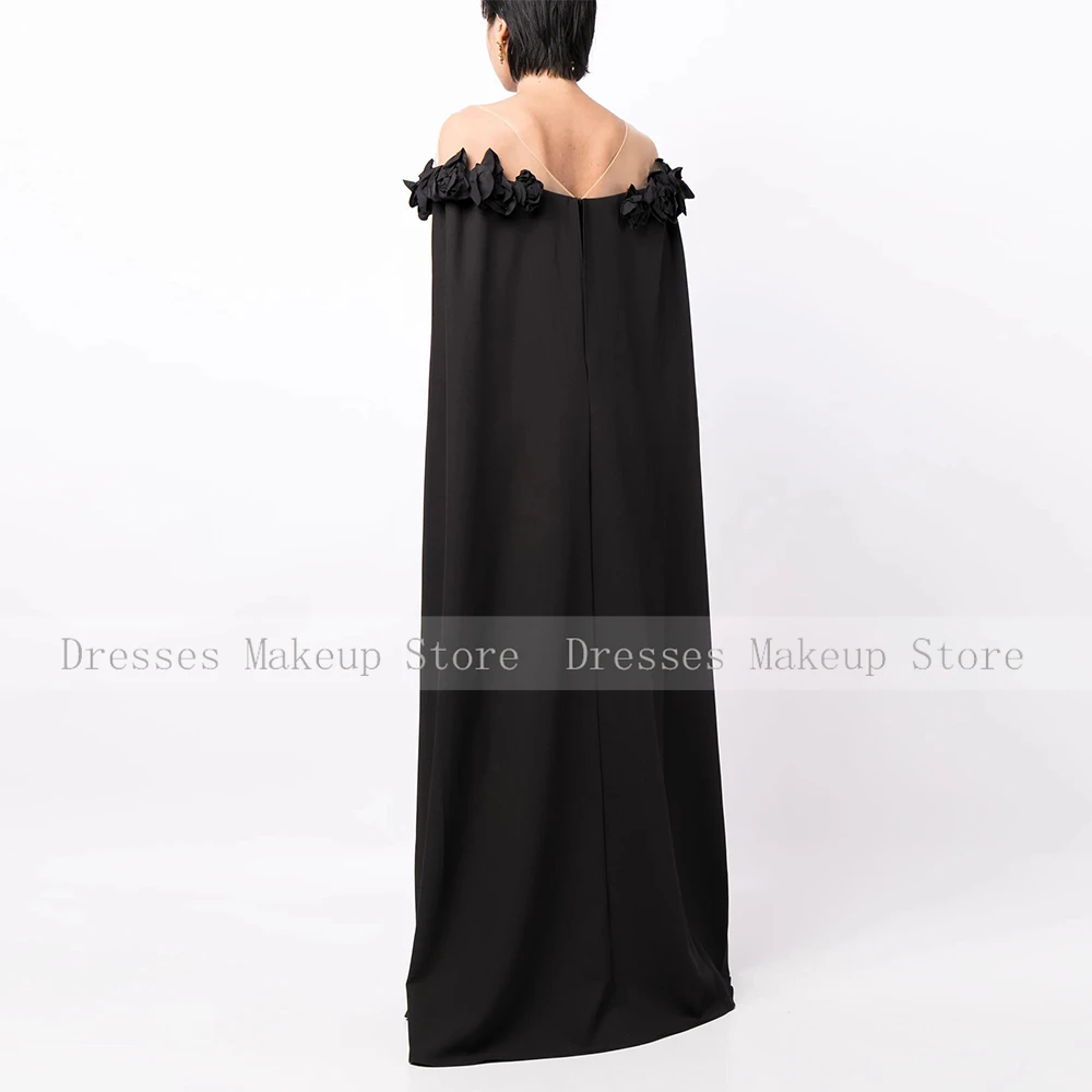 Women's Evening Gowns Classic Black Satin Handmade Flower Formal Dress Straight Off-the-shoulder 2024 Special Occasion Dresses