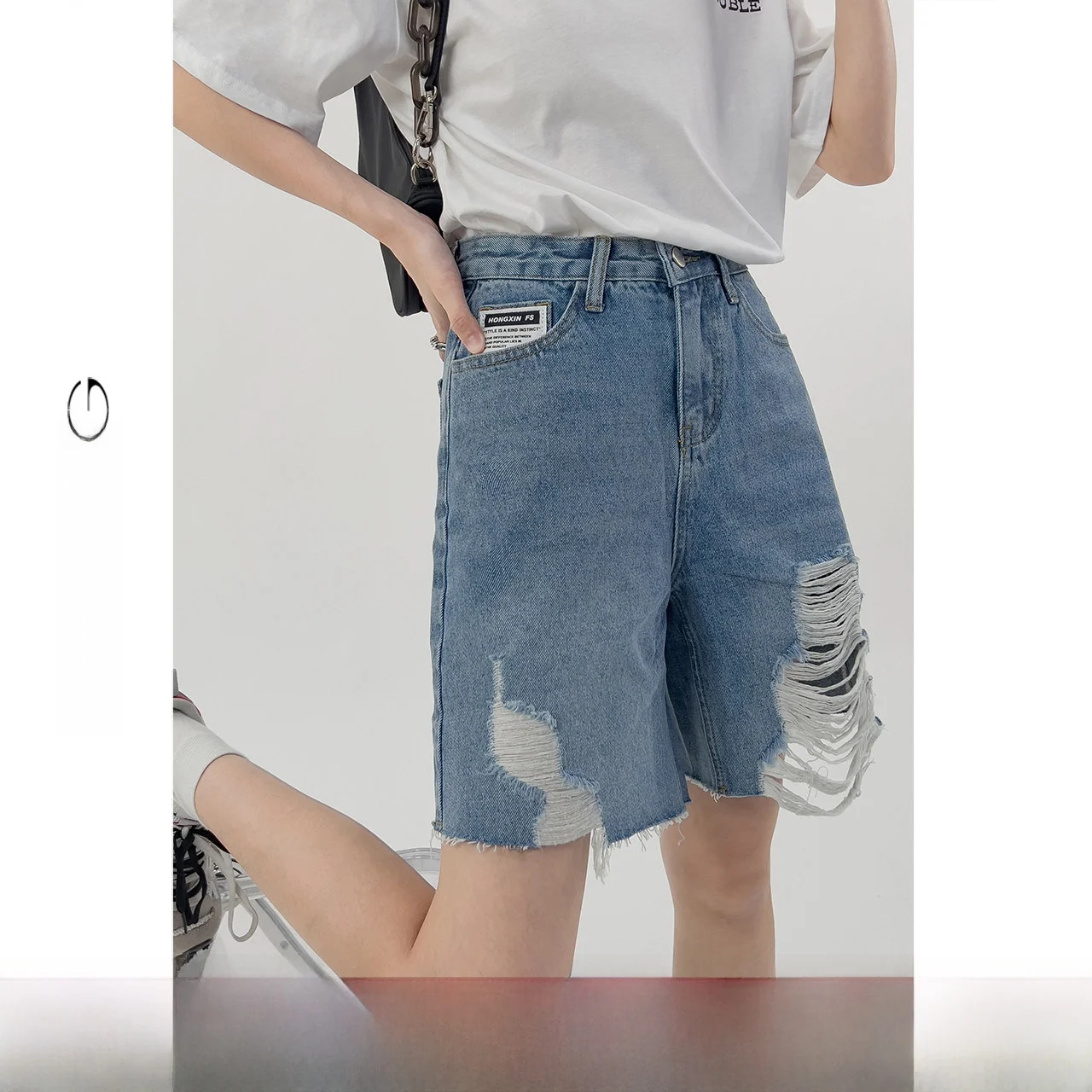 

High Waist Denim orts Women's Spring 2023 New Sle Slimming Wide Leg Five-Point Pants Trendy Ripped Jeans Commute Sle