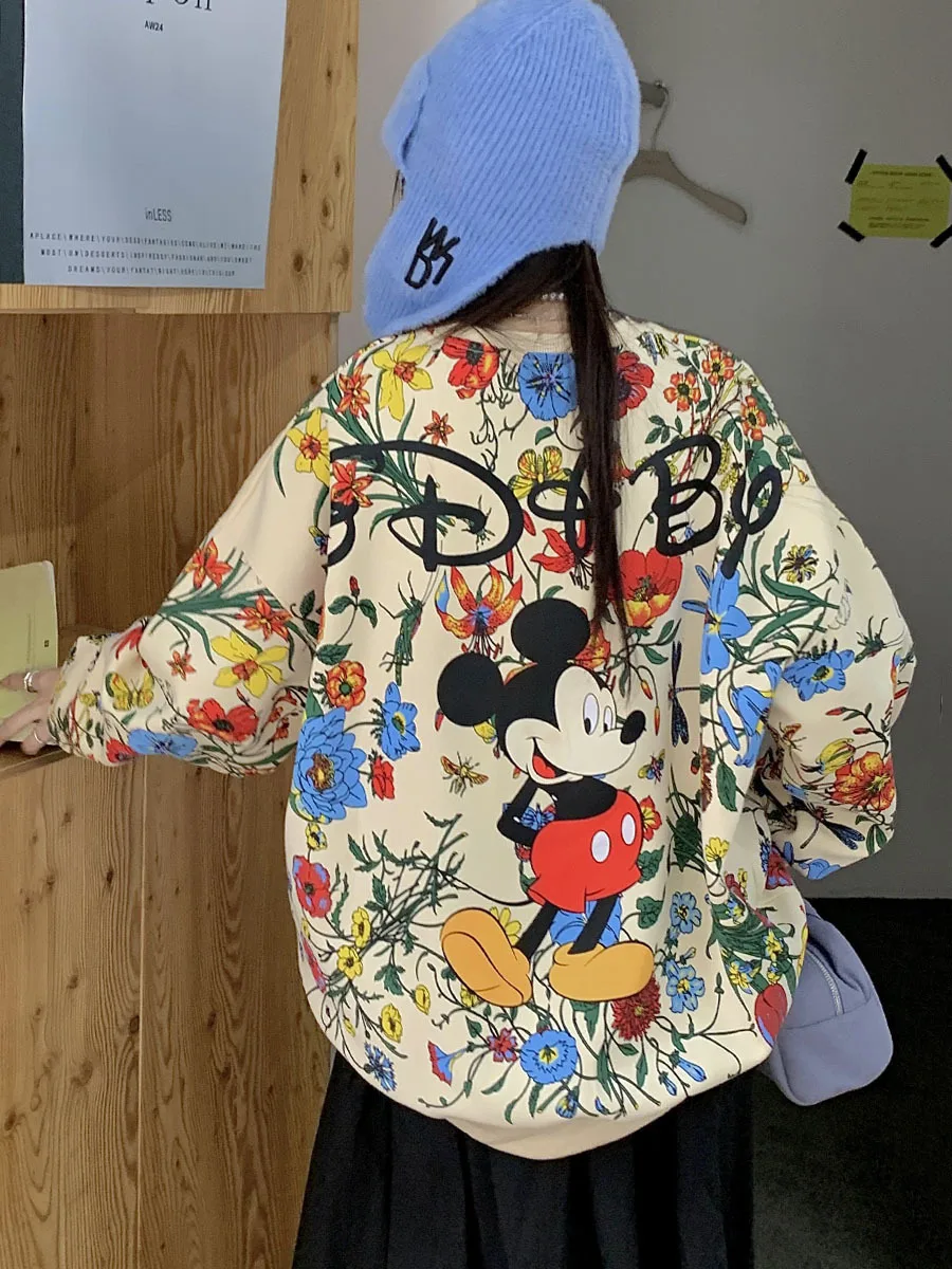 Full Printed Mid-Length Loose-Fitting Casual Pullover Hoodies Women Autumn Cartoon Round Neck Drop-Shoulder Sleeve Sweatshirts