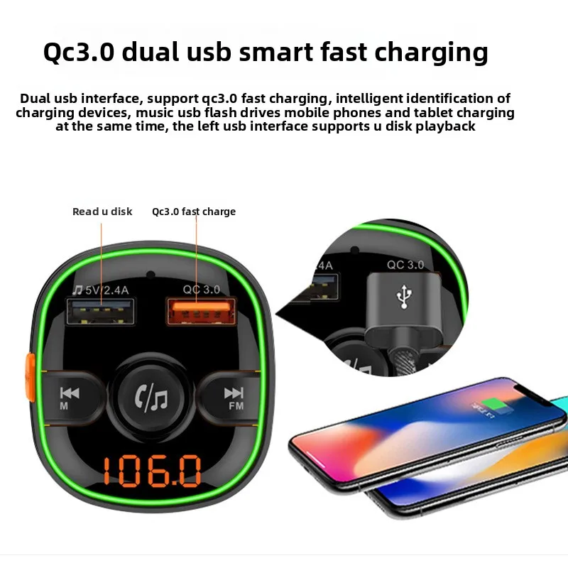 Tarjeta de inserción Mp3 para coche, USB Dual, venta al por mayor, QC3.0, carga rápida inteligente, reproductor Bluetooth para coche BC52, transmisor FM