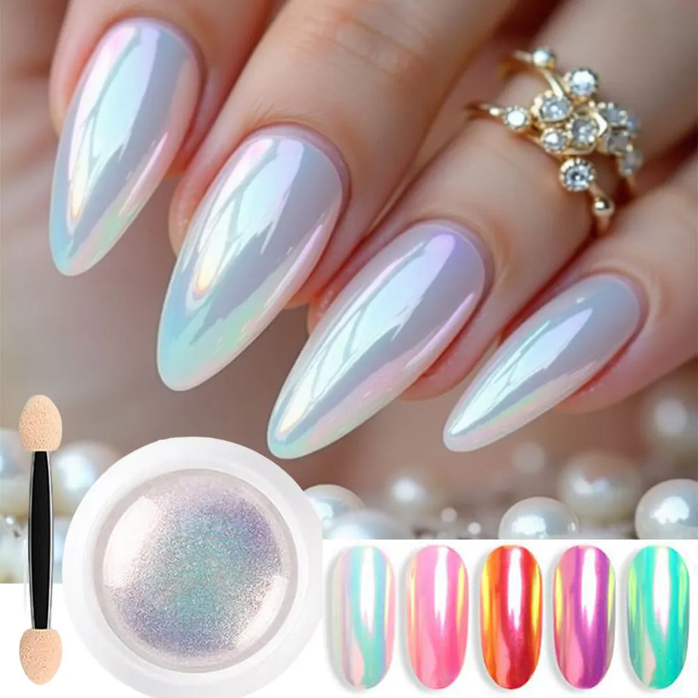 1jar Aurora Mermaid Pearl Mirror Chrome Nail Powder Rainbow Neon Iridescent Shell Glitter Powder DIY Nail Crafts Pigment Dust
