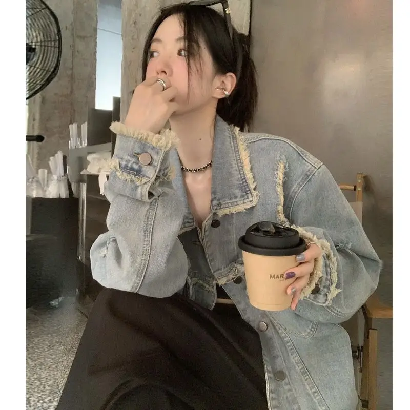 

Джинсовое пальто для девочек, женское весеннее кружевное твидовое плиссированное пальто с воздушными шарами и рукавами для фестиваля, допаминовое многослойное одинаковое нишевое кружево во французском стиле