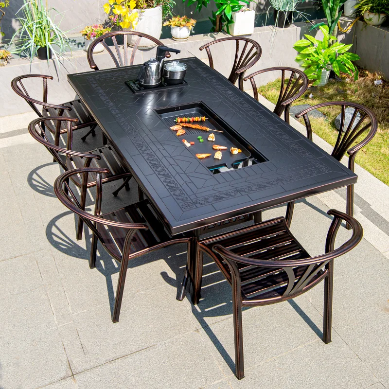 Popular Luxury All Cast Aluminum Weather Resistance Outdoor Patio Dining Table And Chair Garden Furniture Set With BBQ Grill