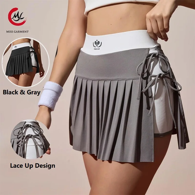 Women High Waist Sports Tennis Short Skirt Ladies Lace Up Slit Yoga Dance Mini Skirt Elastic Pleated Badminton Golf Skorts