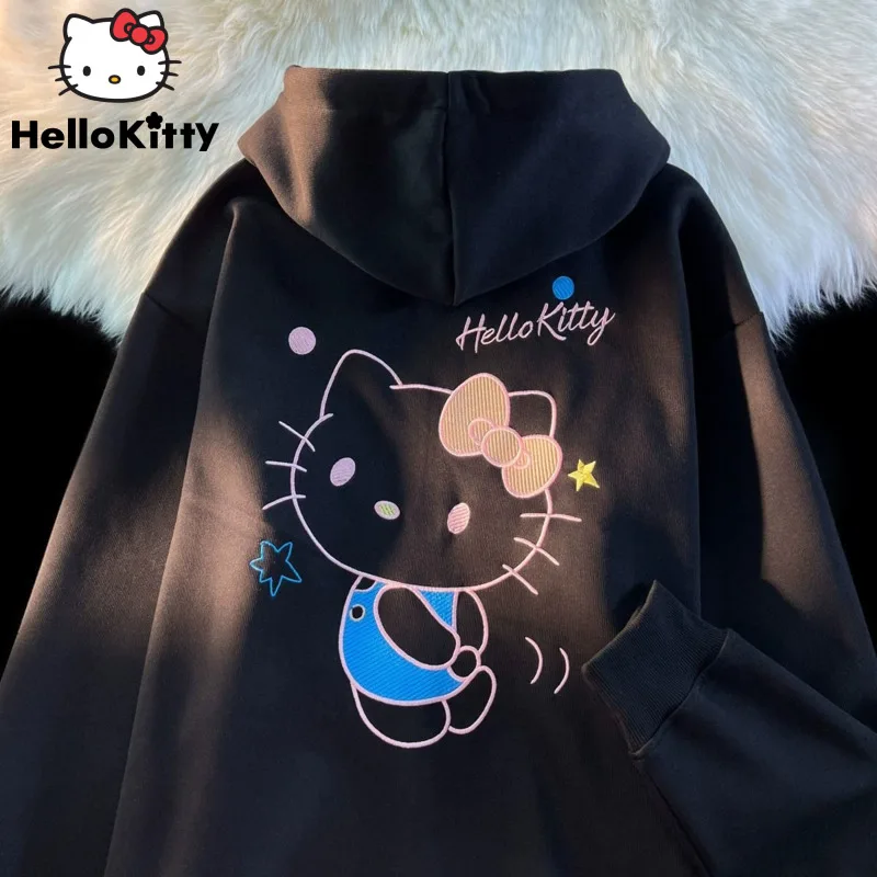 Sanrio Hello Kitty Trendy Cartoon Embroidered Hooded Sweater For Men Women Fashion Star Zip Up Hip Hop Hoodie Y 2k 2000s Clothes