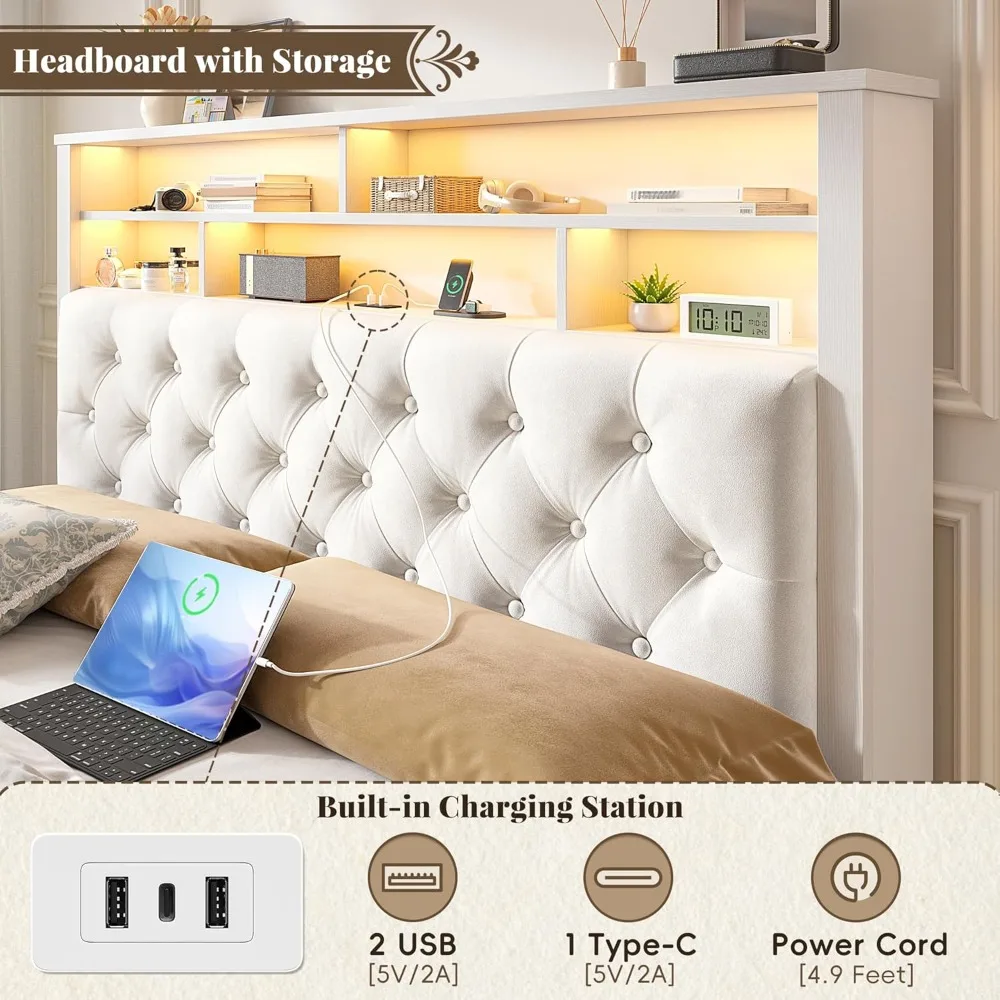 EnHomee Full Size Bed Frame with 4 Storage Drawers and Headboard,Velvet Platform Full Bed Frame with Charging Station and LED Li