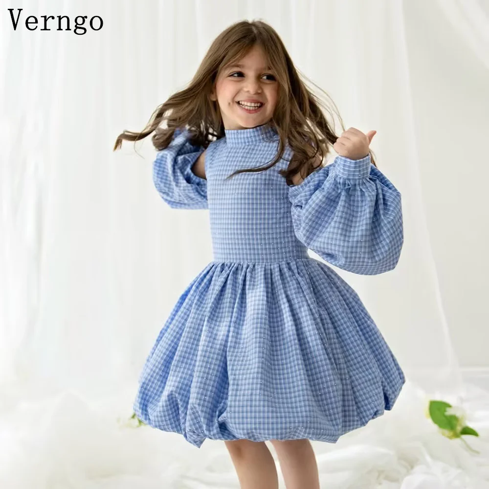 

Verngo Simple Blue Mini Girl Flowers Dress Plaid Full Seeves Ball Birthday Party Dreess Elegant Prom Gown Customized