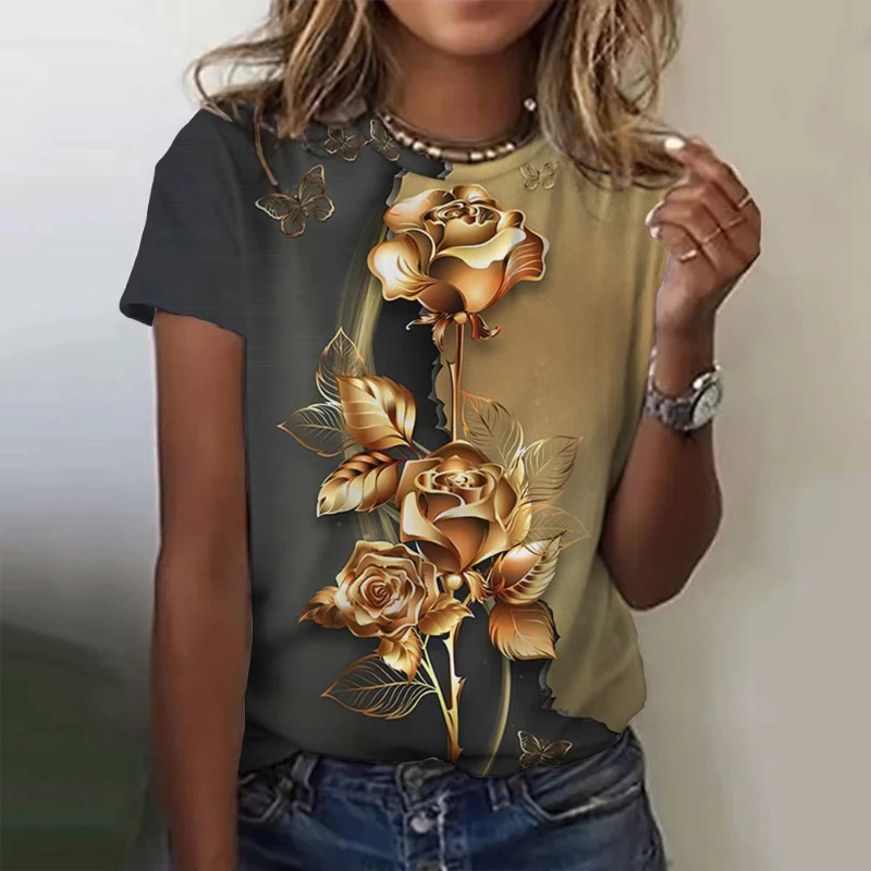 Luxury Elegant 3d Roses Print Women's T Shirts Summer Fashion Short Sleeve Top Oversized Female Clothing Casual Girls Tees Tops