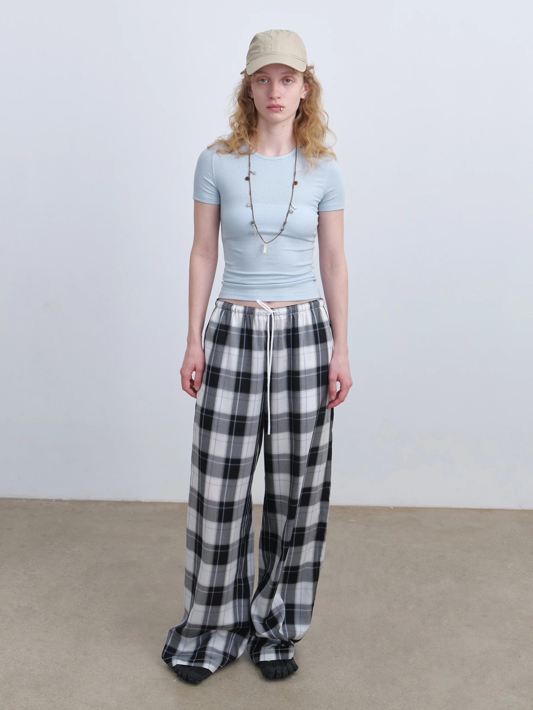 VERMO Comfortable Lightweight Draped Smooth Breathable  Plaid Casual Pants Loose Wide Leg Natural Waist Cord Closure