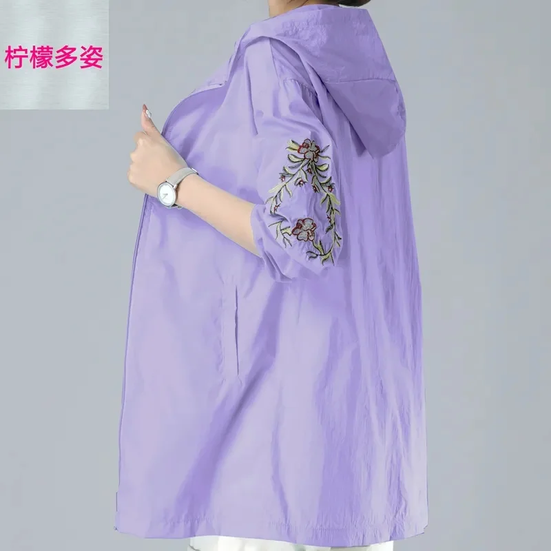 Fashion 5XL Embroidered Sunscreen Clothing Women\'s UV Protection Summer Loose Versatile Mid-Long Windbreaker Mother Thin Coat