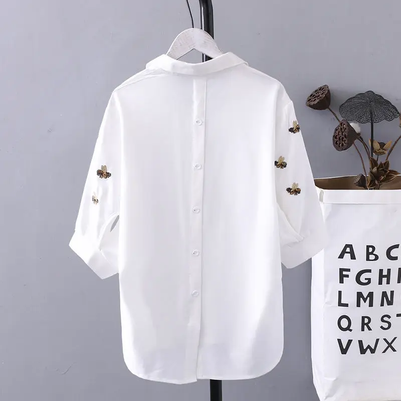 Funny Kawaii Bee Embroidery V Neck Short Sleeve Shirt for Women 2023 Summer Casual Black White Ruffle Loose Chiffon Blouses Tops