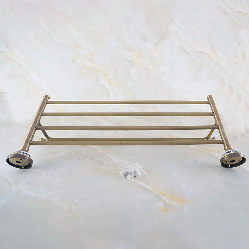 

Retro Vintage Antique Brass Hotel Bathroom Hardware Wall Mounted Towel Rack Storage Shelf Two Tier Rail Bar Holder Dba771