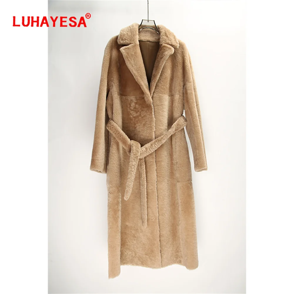 Only camel S 2024 New Extra Long Good Quality Soft Merino Sheepskin Shearling Fur 1 Year Lamb Merino Real Fur Coat