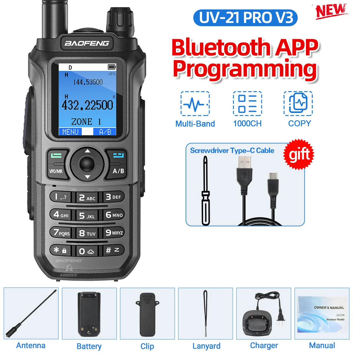 Baofeng UV-21 Pro Walkie Talkie Multi-Band Bluetooth Programmering V3 Lange afstand Draadloze kopieerfrequentie Type-c opladen Hamradio