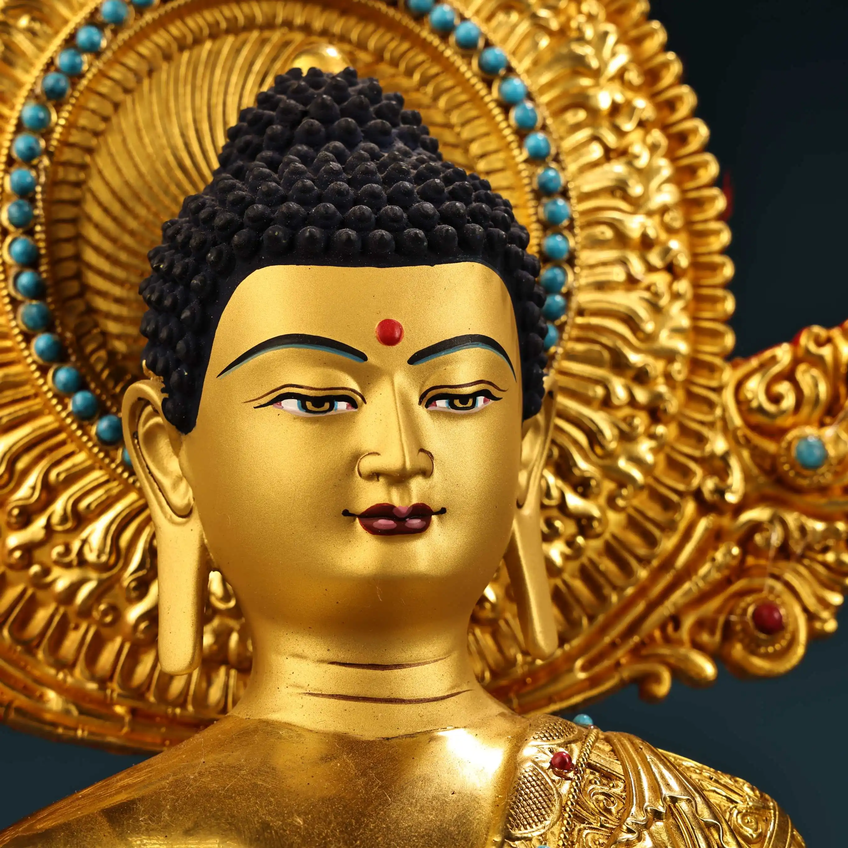 

15"Xizang Folk Collection Old Bronze Gilded Painted Face Mosaic Gem Medicine Sitting Buddha Lotus Terrace Worship Hall