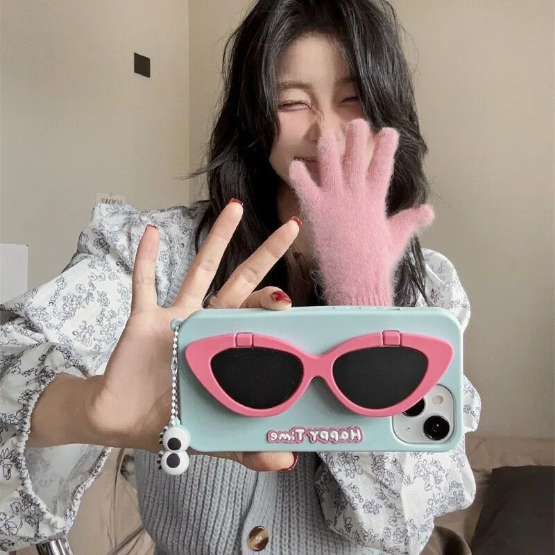 

Silicone Sunglasses Flip Mirror Suitable For iPhone 15 ProMax Phone Case 14 13 Pro Couple 12 11 Anti Fall Full Protective Case