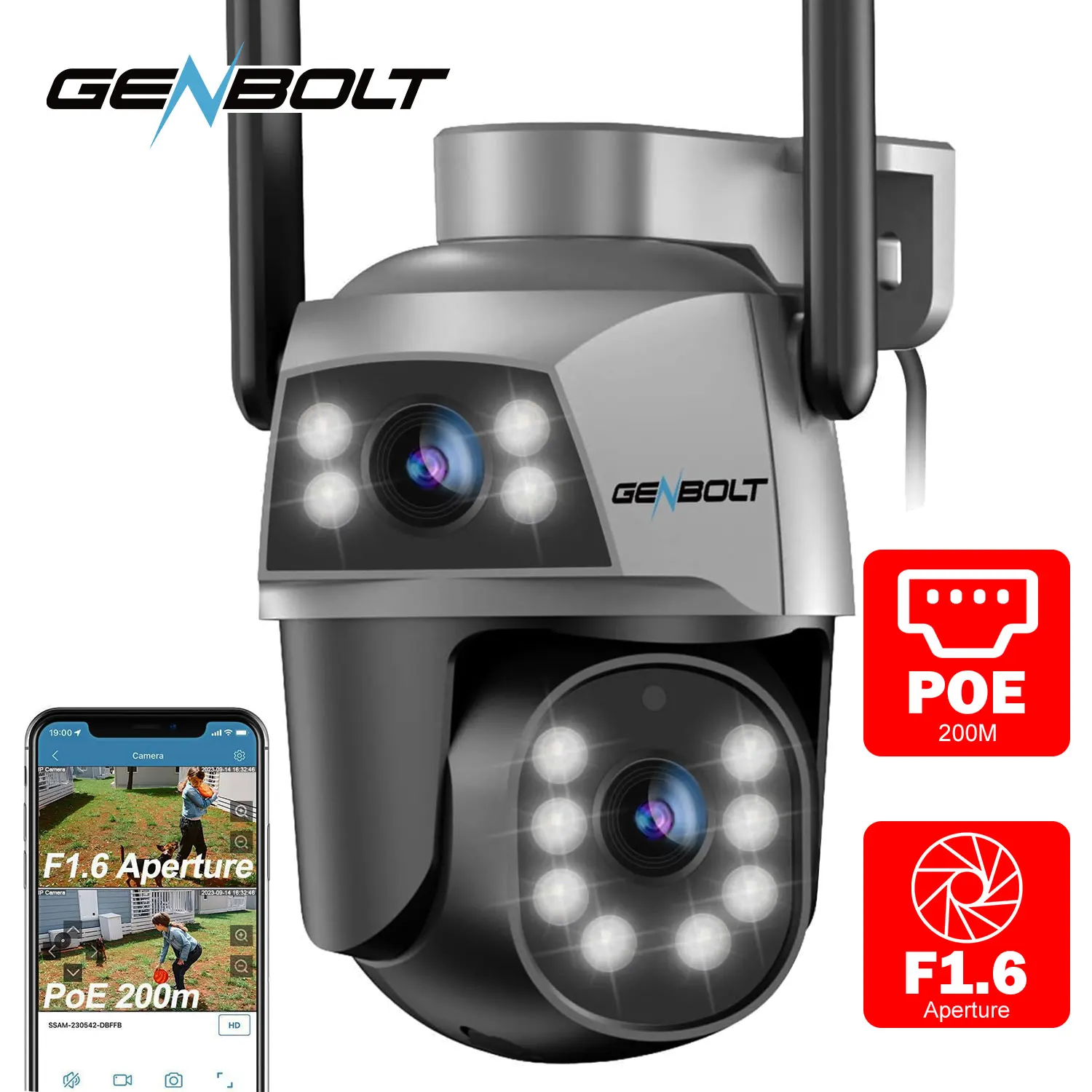 GENBOLT Dual Lens PTZ Camera, Auto Tracking Outdoor WiFi Security Camera, Color Night & Human Detection, Spotlight Alarm