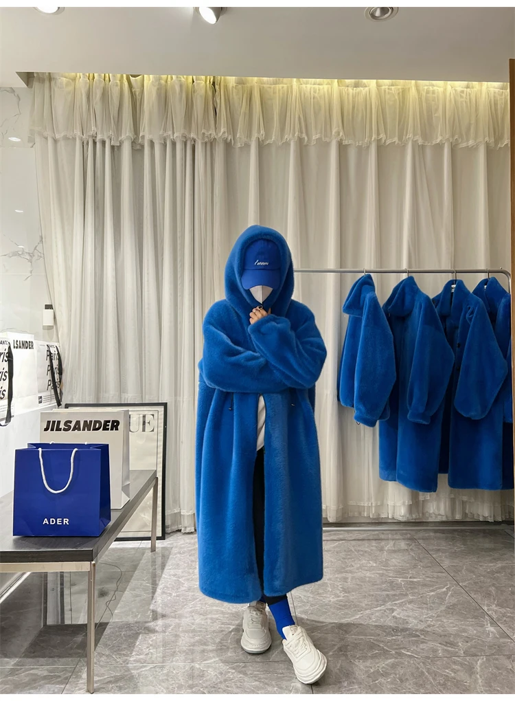 Lautaro Winter Long Oversized Warm Thick Blue White Fluffy Faux Fur Coat Women with Hood 2022 Loose Casual Korean Style Fashion