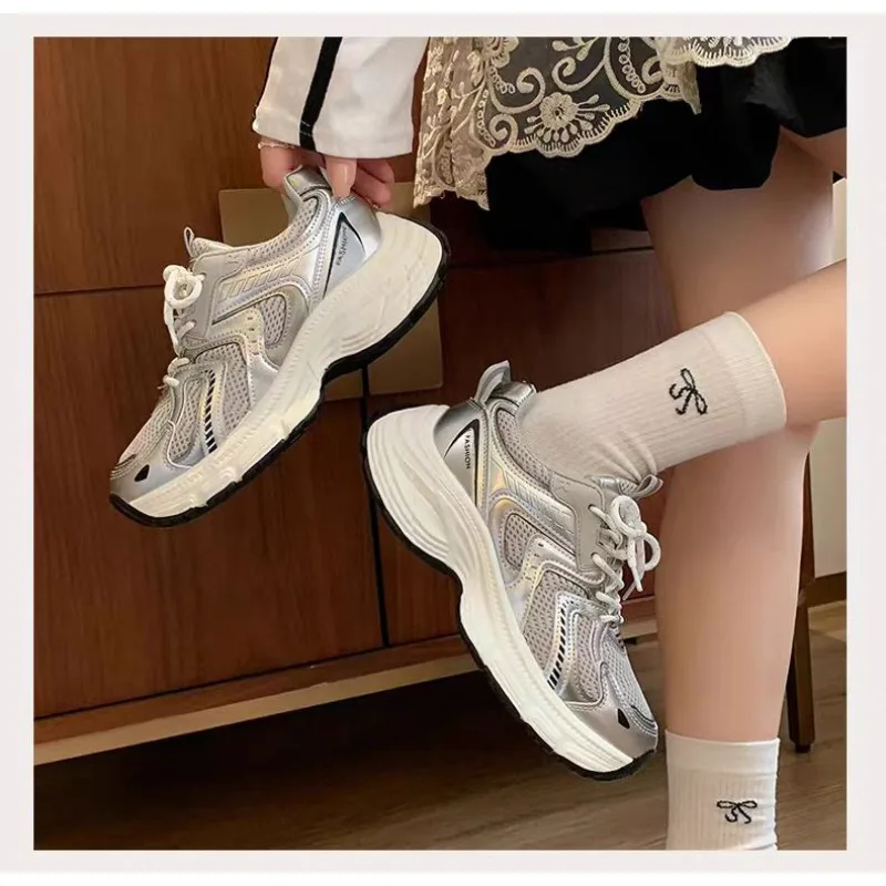 2026 Spring Women Unky Dad Sneakers Breathable Mesh Platform Casual Shoes Lace-Up Versatile Korean Style Streetwear Trendy