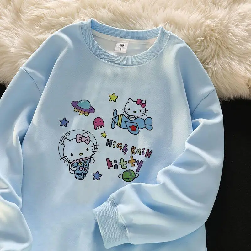 

Женская толстовка Sanrio Hello Kitty с длинным рукавом, из смесового хлопка, осенне-зимняя, оверсайз, со спущенным плечом, милый, повседневный, модный, теплый
