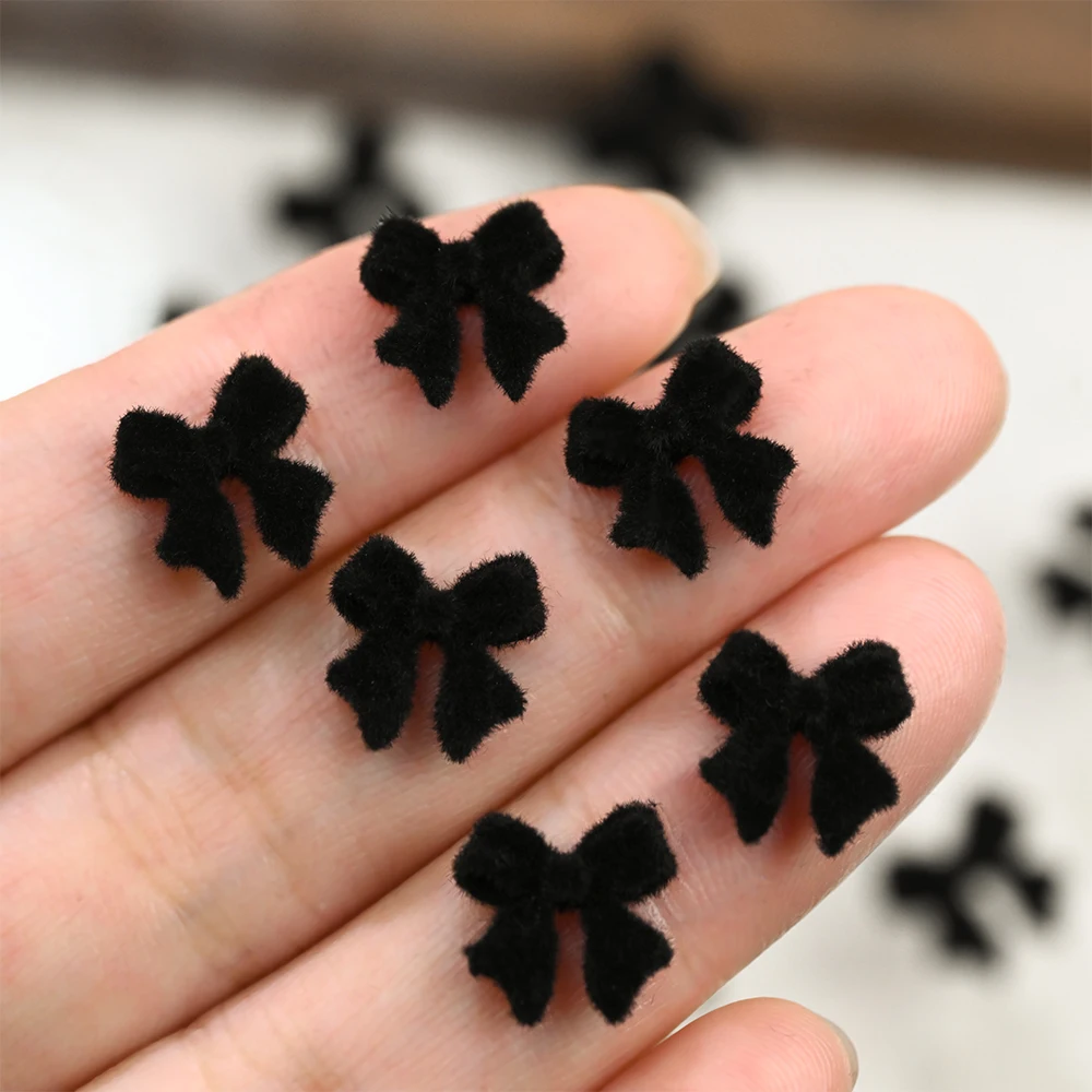 50Pcs 3D Black Plush Bowknot Nail Charms Flocking Bow Nails Art Decorations Resin Ribbon DIY Crafts Hairpin Manicure Accessories