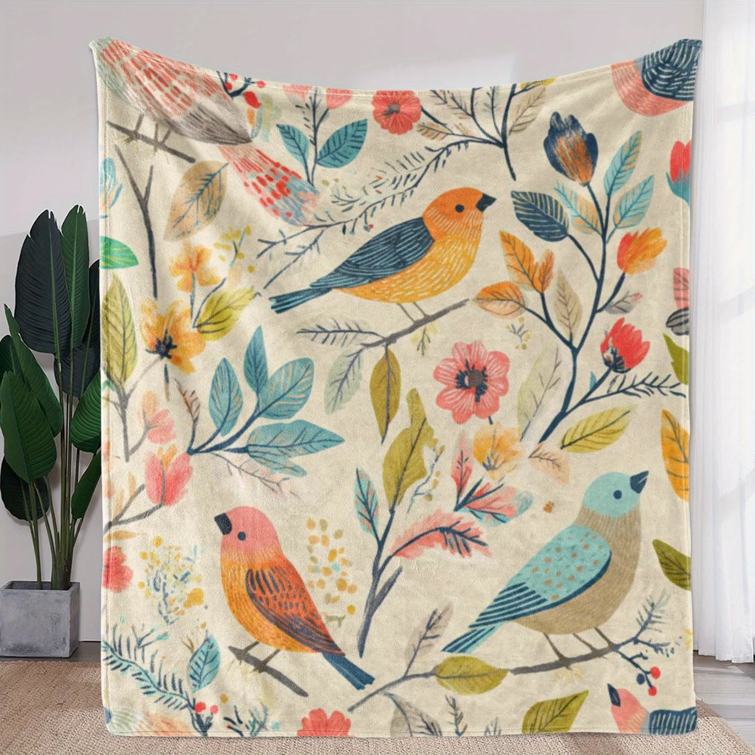 A Blanket Featuring a Vintage Floral And Bird Print, Warm, Cozy, And Soft, Suitable for Sofas, Beds, Cars, And Office Use. This
