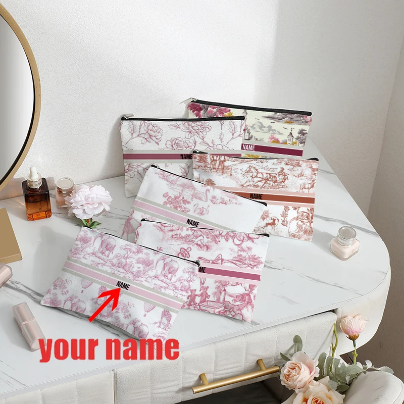 

Customized French Red Toile De Jouy with Pattern Makeup Bag Personalized Wedding Coin Purse Bridesmaid Gifts Pouch Cosmetic Bag