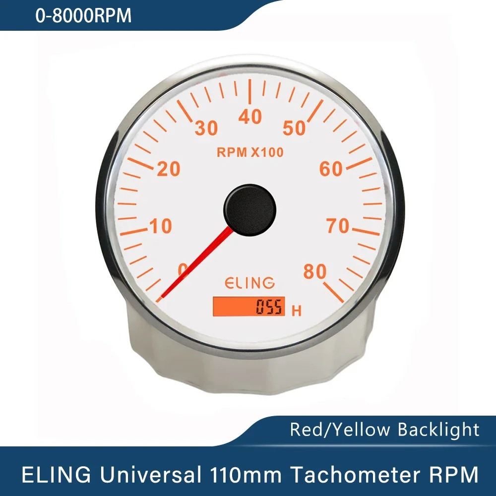 ELING Waterproof 110mm Dia Engine Alternator Tachometer 0-8000RPM Gauge with Hour Meter for Car Truck Boat 12V 24V