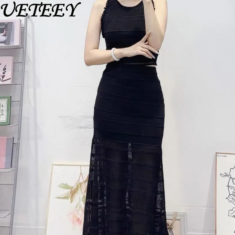 

2025 Early Autumn New Fashion Elegant Set Black Hollow Out Sleeveless Vest Women's Knitted Tank Top + Slim Fit Long Skirt Suit