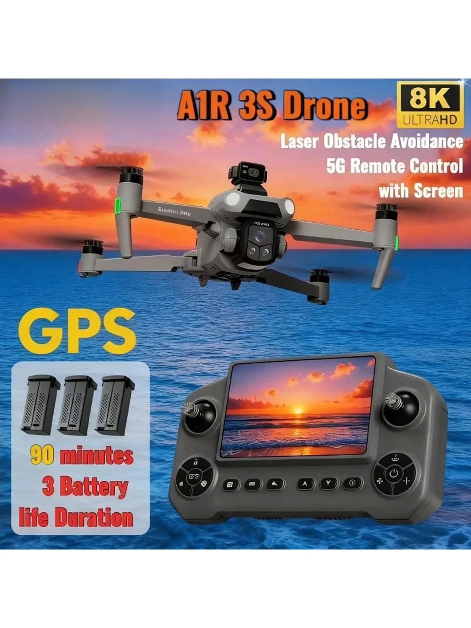 Oryginalny dron A1R 3S GPS z profesjonalną kamerą HD 8K 360 °   Laserowy system omijania przeszkód, silnik bezszczotkowy, quadkopter z funkcją 5G WIFI FPV (Grey-LaserGPS-8K-2B) — Zdjęcie 2 z 2