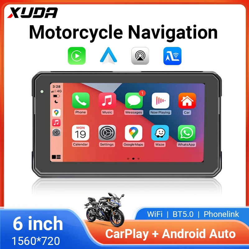 XUDA 2025 NEW Motorcycle GPS 6.0 inch WiFi MOTO Navigation Waterproof Carplay Display Screen Portable Motorcycle Android Auto