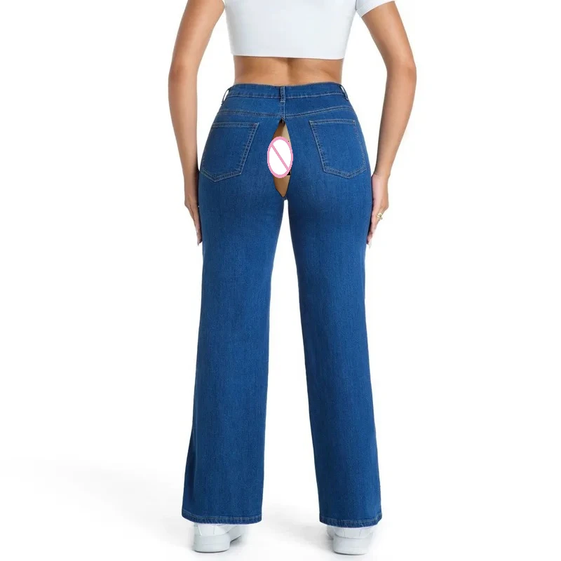 Celana Jeans Wanita Model Straight-cut Low-rise Open Crotch Pinggang Sedang Raw Trim Patchwork Fashion Wanita 2025 Streetwear Retro Terbaru