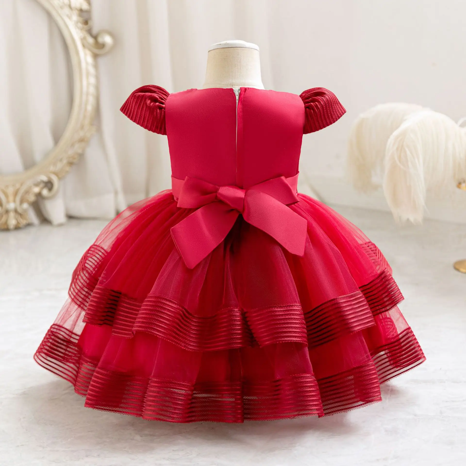 HETISO Striped Girls Wedding Party Dresses Baby Christams Holiday Layered Gown Toddler Kids Beading Clothes 6M-4 Years image 2