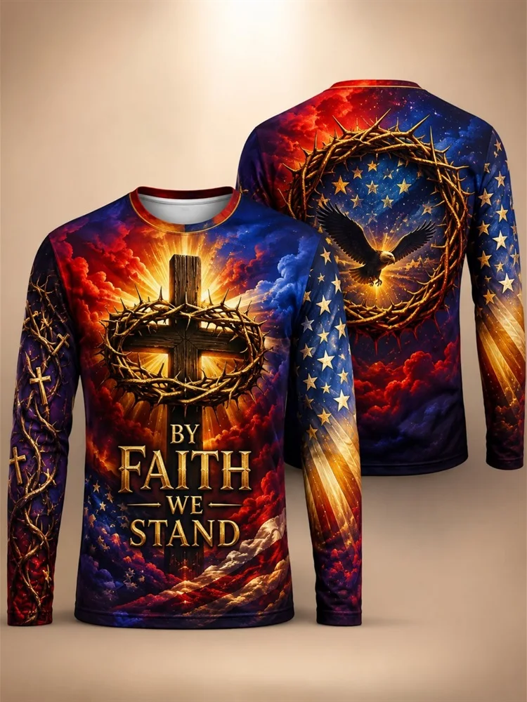 Men's By Faith We Stand Cross Crown of Thorns Eagle American Flag Long Sleeve T-Shirt Christian Graphic Tee Pullover Tops