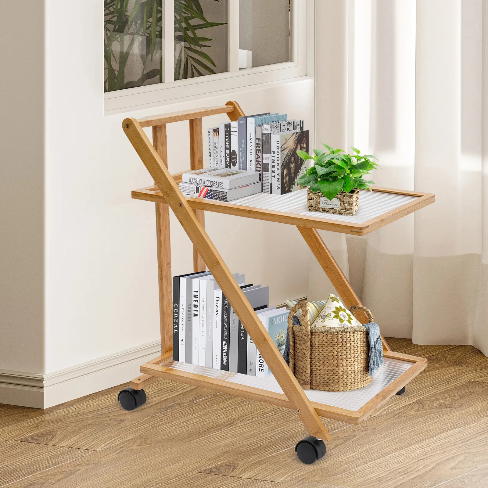 

Removable Floor Storage Rack Triangular Foldable 2-tier Storage Rack with 4 Silent Universal Wheels Save Space Easy Assembly