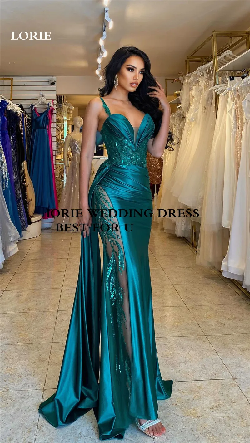 LORIE Hunter Spaghetti Straps Green Mermaid Evening Dresses Side Split Summer Lace Prom Gowns Evening Party Dress