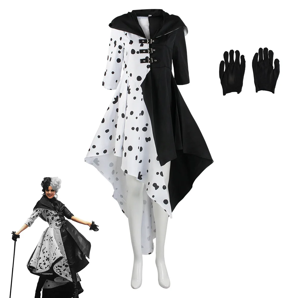

Halloween101 Dalmatians The SeriescosCruella De Vil CostumeFashion Magic Performance Outfit Black and White Polka Dot Dress