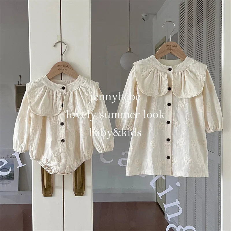 

Vintage Toddler Girls Dress Spring Fall Long Sleeve Floral Embroidery Dress for Baby Girls Rompers Family Sister Dress Outfits