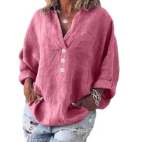 Camisa de estilo Simple con bolsillos individuales para mujer, jersey con decoración de botones y cuello de pico, blusa holgada de lino y algodón de Color sólido 2024