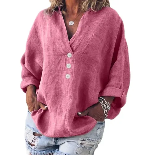 Imagen 1 del producto Camisa de estilo Simple con bolsillos individuales para mujer, jersey con decoración de botones y cuello de pico, blusa holgada de lino y algodón de Color sólido 2024