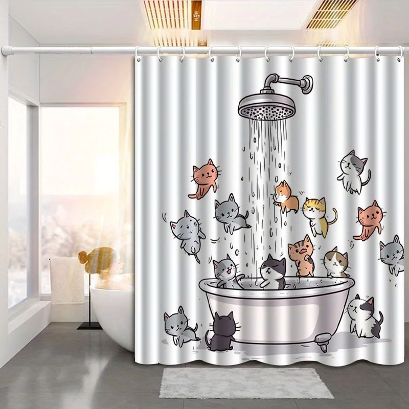 

Cute Cat Shower Curtain Cartoon Kitten Bath Scene Fun Animal Art Pet Lover Decor Waterproof Printed Bath Curtain Home Fashion