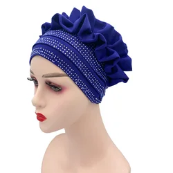 Brillanti diamanti berretto Turbante da donna con volant fiore pieghettato avvolge la testa foulard musulmano cofano Femme cappello Turbante Musulman