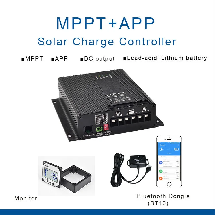 12V 24V 40A MPPT APP Solar Charge Controller with DC Load Monitoring BT 10 for Lead-Acid Lithium Battery