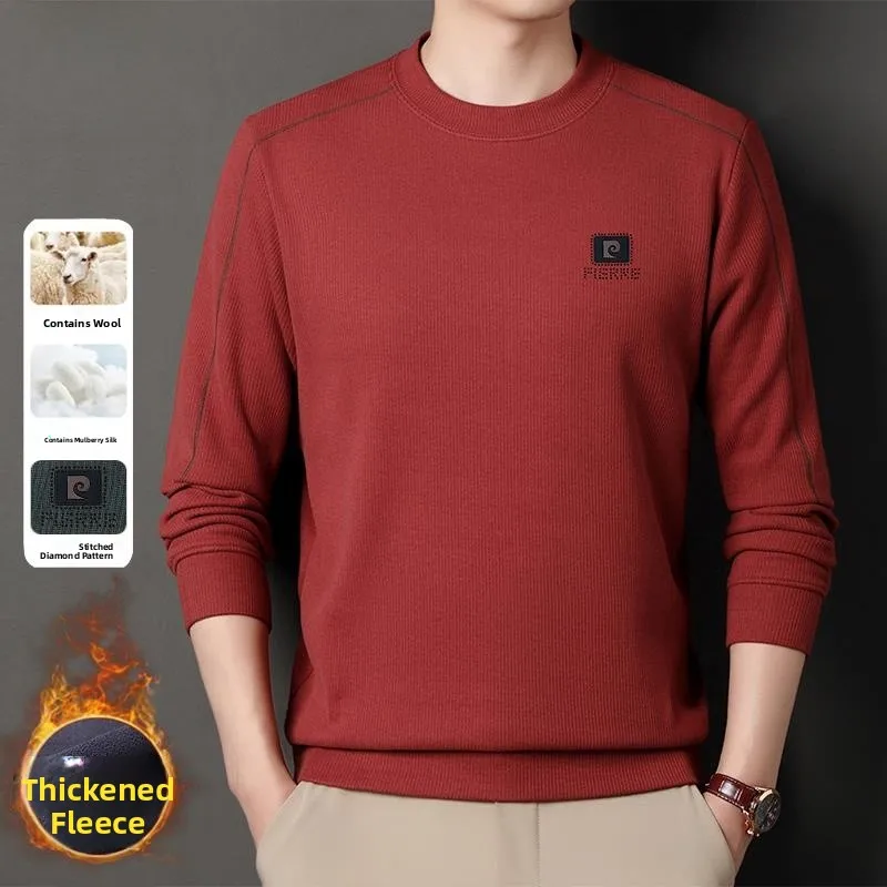 

Pierre Cardin Men's Fleece Lined Thickened round Neck Sweatshirt Warm Basic Top for Autumn And Winter Mid-aged Men's Clothing